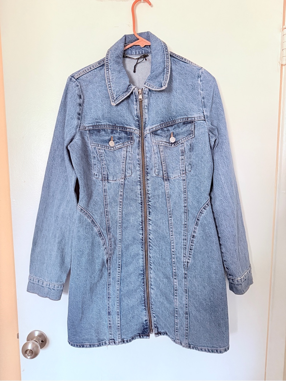 Zara Light Blue Long Denim Zip Jacket